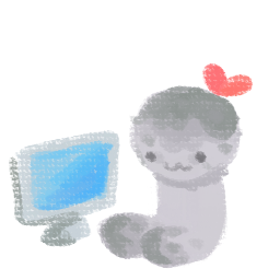 An simple painted drawing of a grey blob with a pink bow sitting in front of a computer monitor.